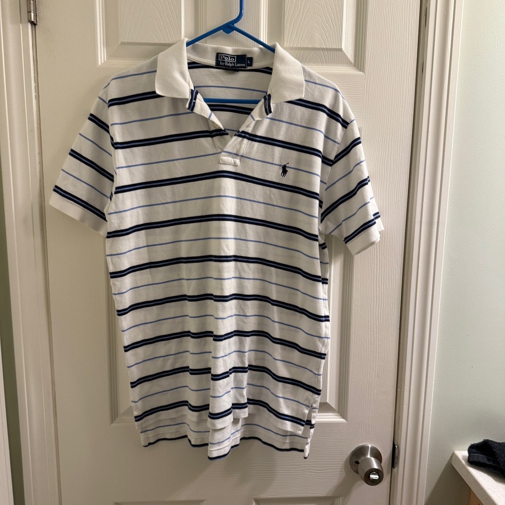 Ralph Lauren White Polo with Navy & Light Blue Stripes